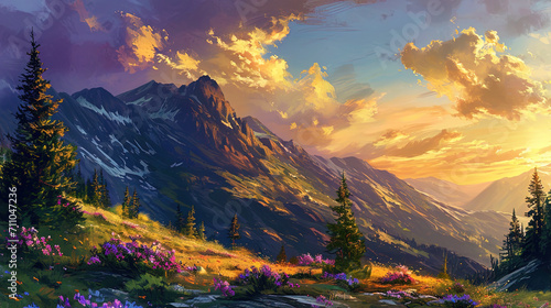 A picturesque mountain sunset is vividly depicted in this illustration painting, where the sky is