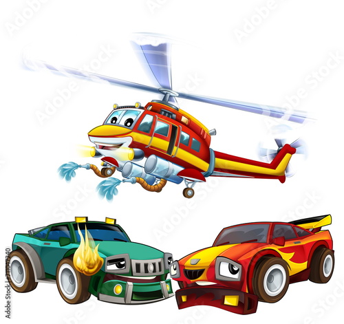 cartoon scene with two sports cars crashing in accident  with flying fireman helicopter isolated illustration for children