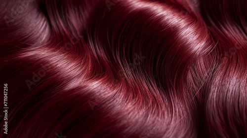 Closeup of shiny burgundy cherry red hair for beauty and hair salon hair colour concept