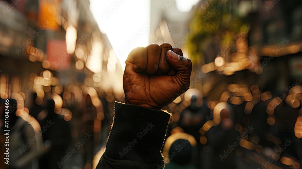 A protestor's raised fist becomes an enduring symbol, reflecting the fervent desire for political - obrazy, fototapety, plakaty 