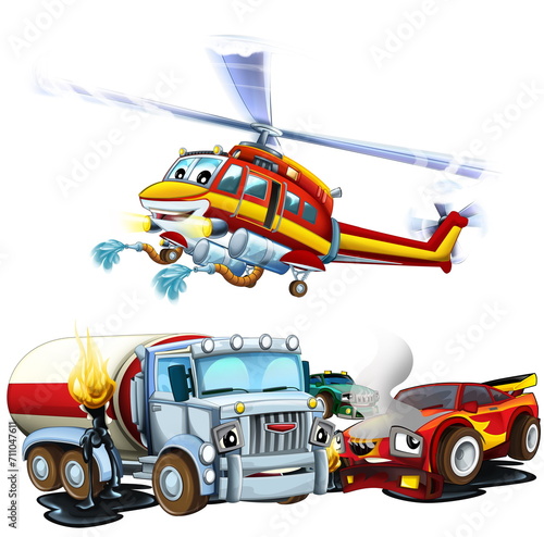 cartoon scene with two cars crashing in accident sports car and construction site cistern with flying fireman helicopter isolated illustration for children