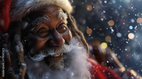 Closeup portrait of black Santa Claus smiling in the snow