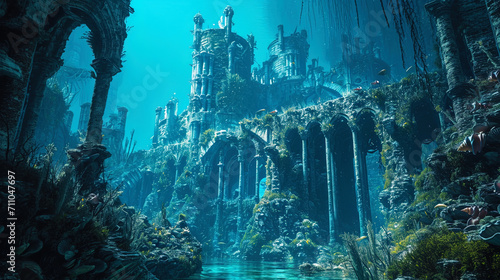 A submerged castle stands proudly in the underwater kingdom, adorned with arches crafted from deli