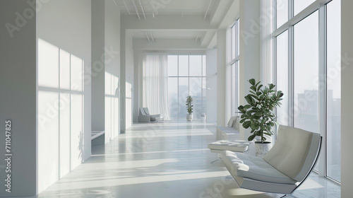 A visual representation of a generously sized  white room with sparse furnishings conveys a sense