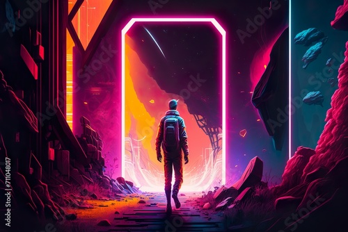 An astronaut approaches a glowing neon portal amidst a desolate, otherworldly landscape, poised on the brink of an enigmatic voyage.