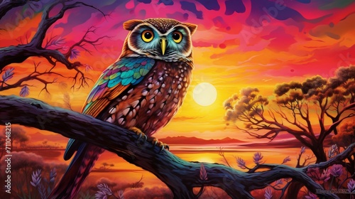 Beautiful boobook owl framed by the vibrant colors of an Australian sunrise. photo