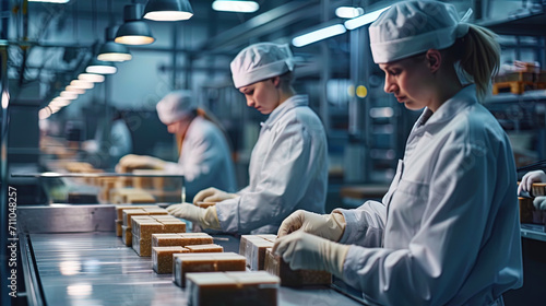 Employees gather and package energy bars along the assembly line photo