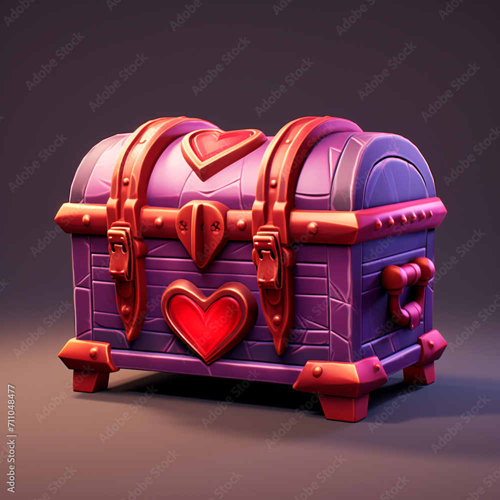 Gift chest, extremely ornate, in purple and purple, ultra feminine. Ideal for games, Valentine's Day. 3D concept design illustration.