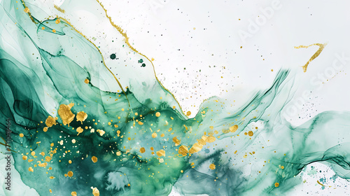 Explore the captivating combination of pastel light green ink watercolor and glistening gold splas photo