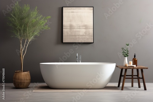 A modern bathroom with a large bathtub  a plant  and a stool