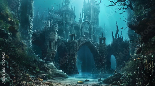 In the watery depths of the underwater kingdom, a castle's beauty is enhanced by arches adorned wi