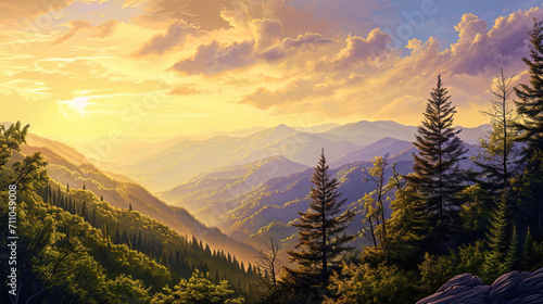 In this illustration painting, the mountains are bathed in the soft glow of a setting sun, creatin © JVLMediaUHD