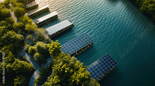 Looking down from above, a solar park afloat is visible, collecting energy from the water's surfac photo