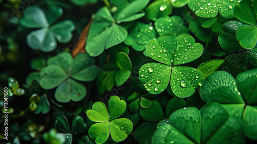 Lush green clover leaves create a vibrant background, leaving ample space for text to convey a mes photo