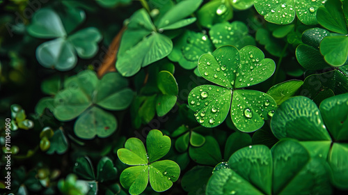 Lush green clover leaves create a vibrant background, leaving ample space for text to convey a mes