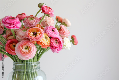 Spring multi-colored ranunculus flowers, big bunch in glass vase against white wall at home