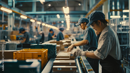 On the assembly line, employees engage in the collection and packaging of energy bars photo