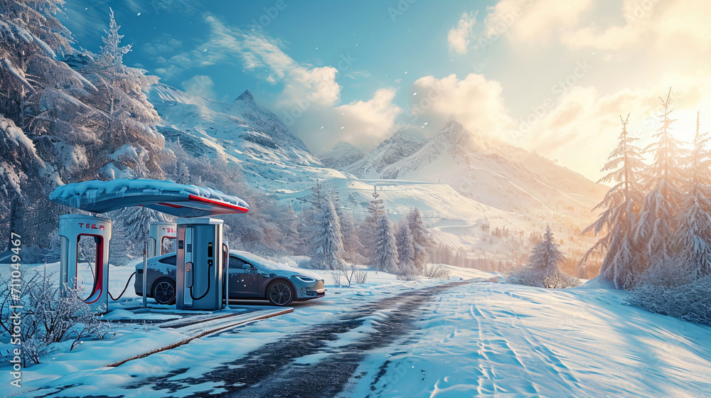 Snowkissed surroundings frame the image of an electric car at a charging station, blending sustain - obrazy, fototapety, plakaty 