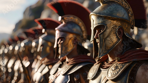 Spartans, armored and resolute, create a formidable sight as they march in disciplined formation,