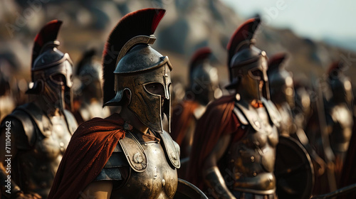Spartans, draped in iconic armor, move in lockstep formation, embodying discipline and military pr photo