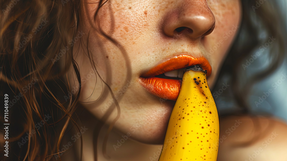 The close up of a young woman with an orange lipstick biting a banana - obrazy, fototapety, plakaty 