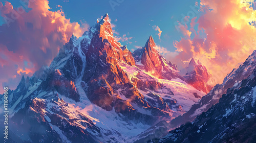 The colors of the setting sun dance across the mountain peaks in this illustration painting, creat