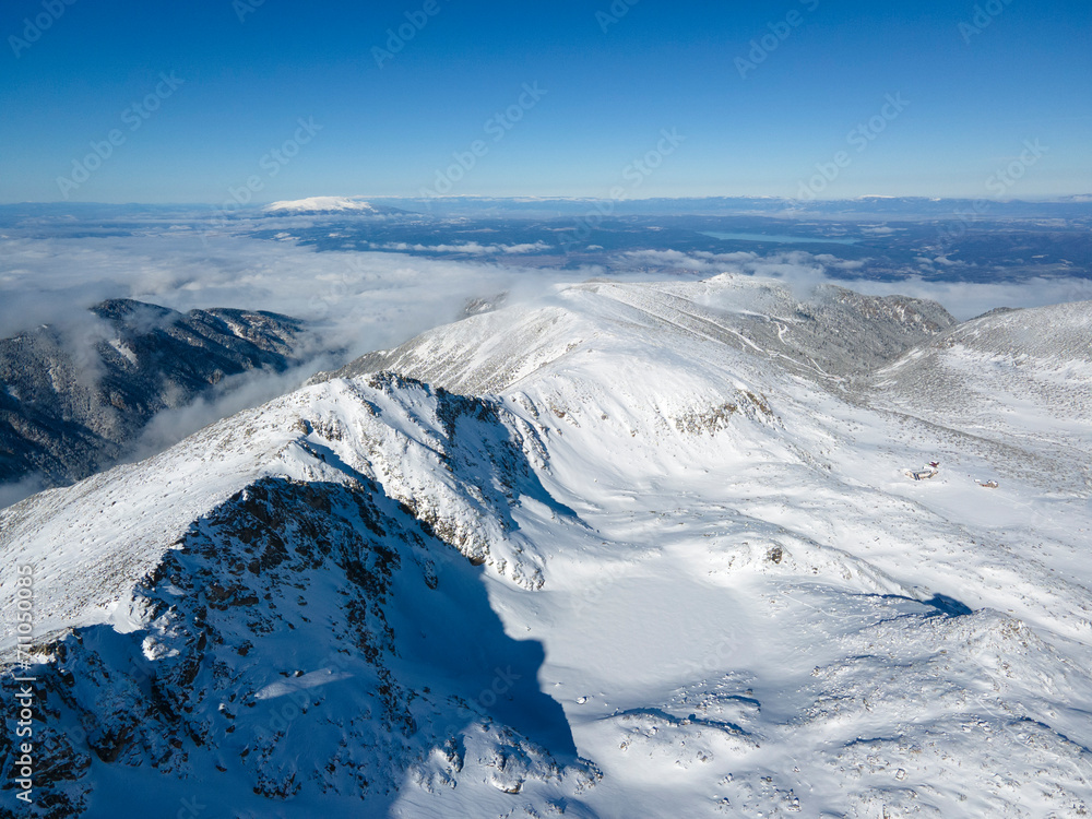 Aerial Winter view of Rila mountain near Musala peak, Bulgaria