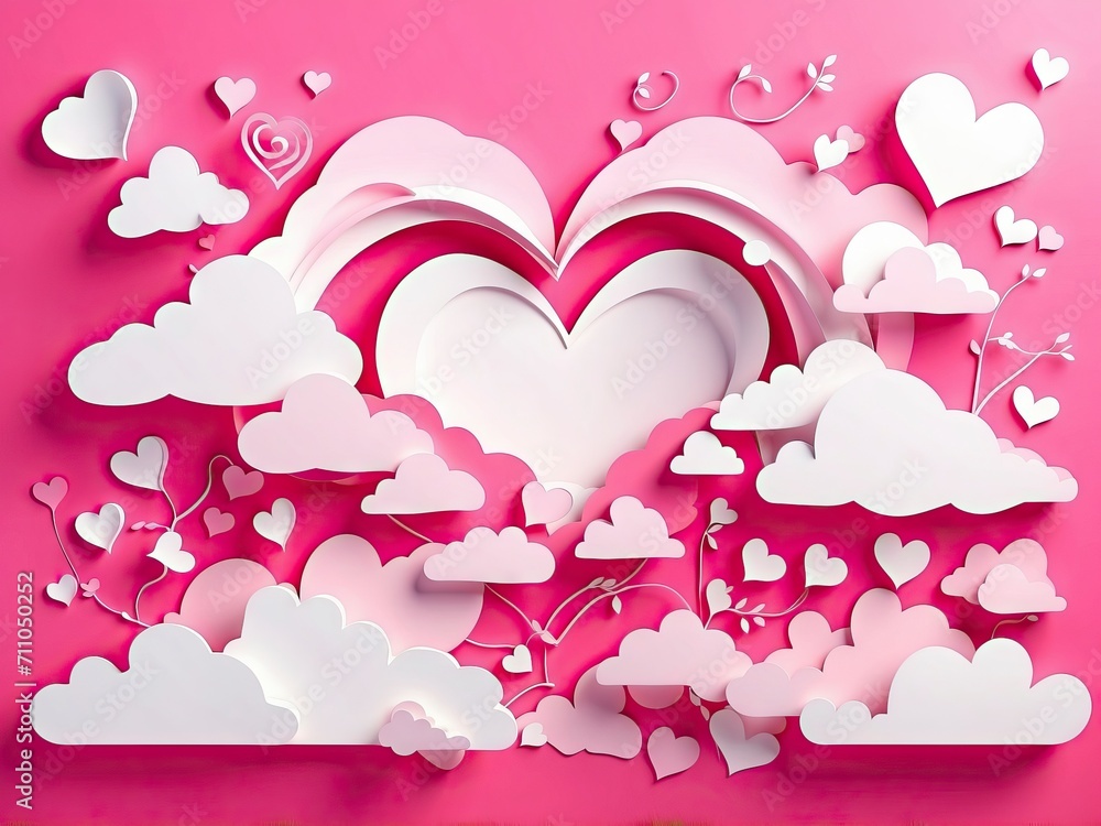 Paper hearts and clouds on pink background. Valentine's day concept. 3D Rendering