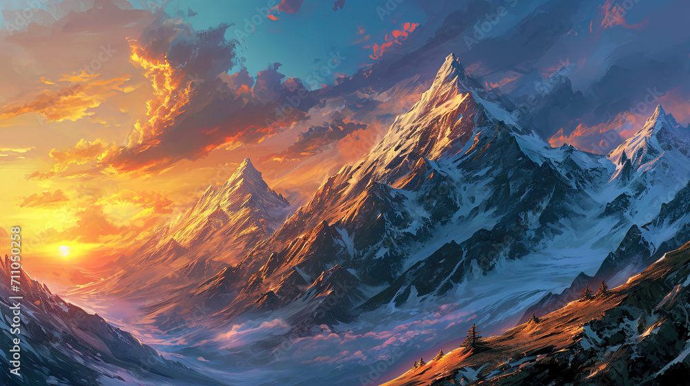 The majesty of a mountain sunset is brought to life in this illustration painting, where warm tone