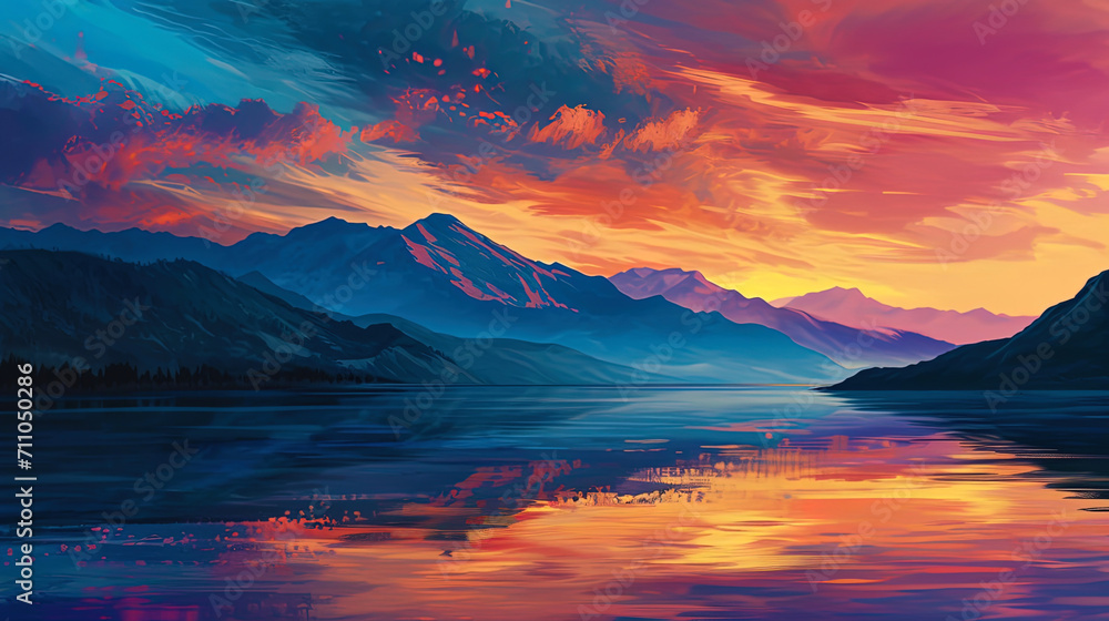 The mountains stand as majestic silhouettes against a canvas of vibrant colors in this illustratio