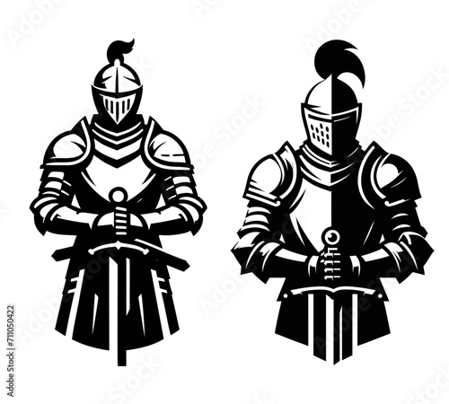 Medieval Guardians: Twin Knights in Stylized Armor. A Striking Duo of Strength and Honor in Monochrome