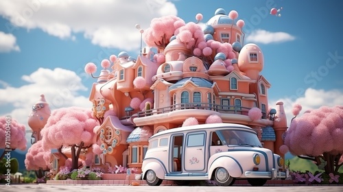Whimsical pink cartoon house with blue sky and pink trees photo