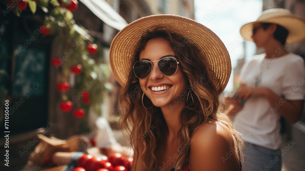 Smiling woman wearing a straw hat and sunglasses