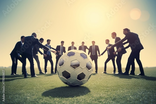 Businessmen in suits huddling around a soccer ball on a field photo