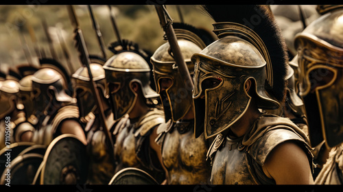 The Spartan army, adorned in distinctive armor, moves in unison, embodying the epitome of discipli photo