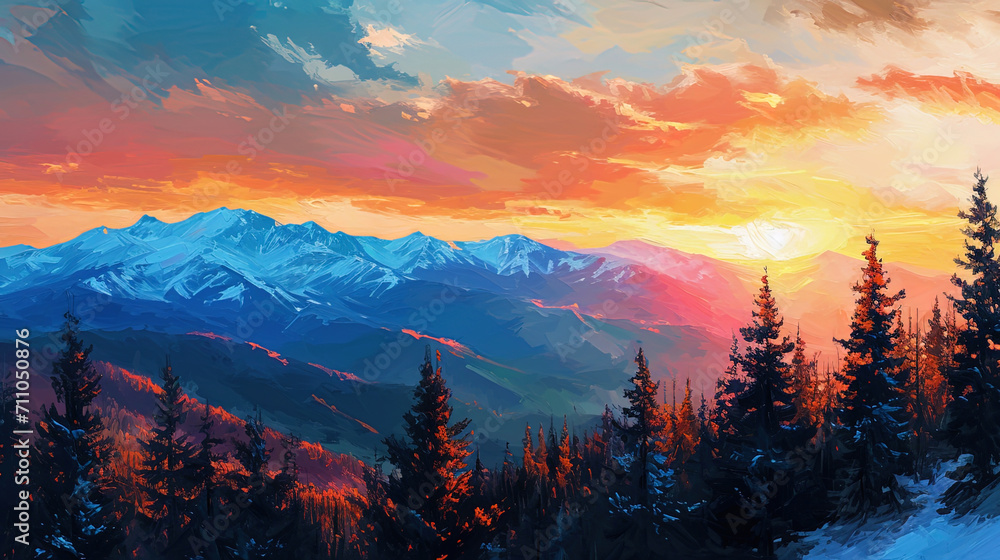 Vibrant strokes bring to life the beauty of a mountain sunset in this captivating and evocative il - obrazy, fototapety, plakaty 