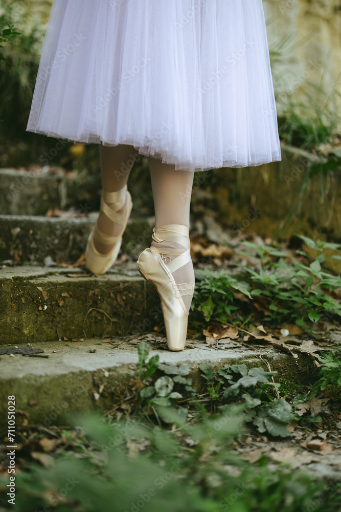 Ballerina feet en pointe on rustic concrete stairs with plants and greenery. Ballerina feet en pointe on rustic concrete stairs with plants and greenery.