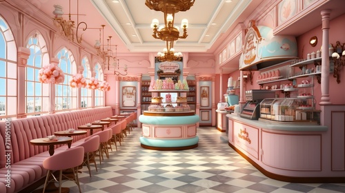 Pink and blue pastel Kawaii cafe interior