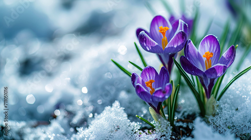 Witness the delicate charm of early spring as purple crocuses bravely break through the snowy veil photo