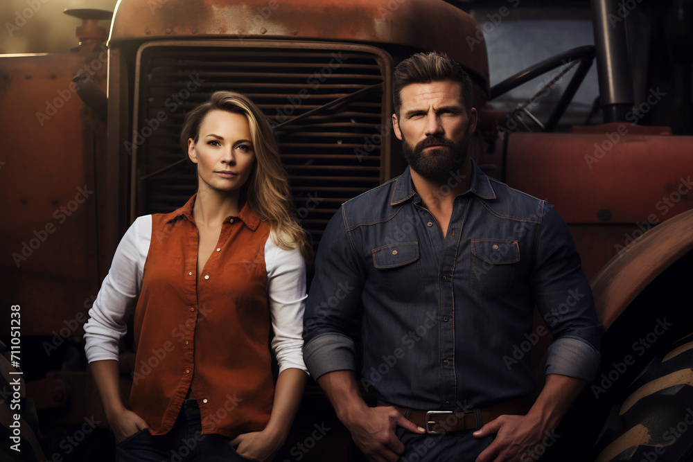 Confident Male and Female Farmers Standing Proudly in Front of Tractor, Agriculture and Rural Lifestyle Concept Confident Male and Female Farmers Standing Proudly in Front of Tractor, Agriculture and Rural Lifestyle Concept