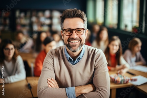 Happy teacher standing in classroom with arms crossed