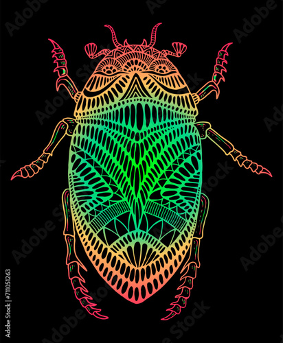 Surreal psychedelic beetle in doodle style isolated on black background. Decorative abstract colorful insect pattern.