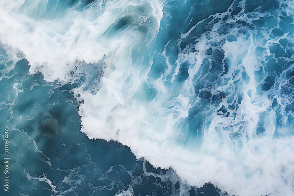 An amazingly beautiful aerial view background with waves crashing into each other. Bird's eye view of deep-sea wave background. Created with Generative AI.