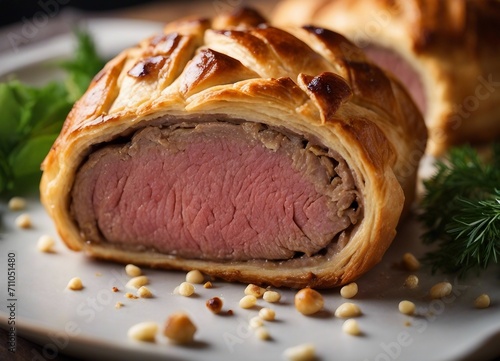 Beef Wellington with a golden pastry crust, sliced to reveal a perfectly cooked tenderloin photo