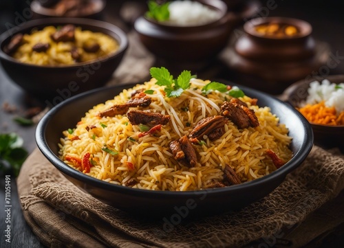 Aromatic biryani rice with spices and tender meat garnished with herbs