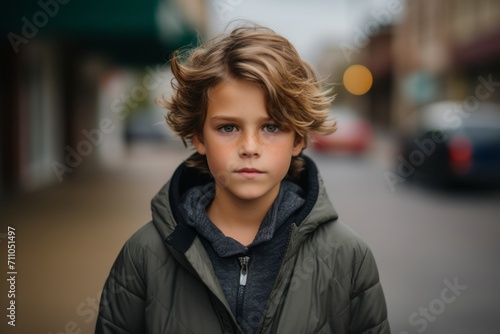 Portrait of a cute little boy with curly hair in the city.