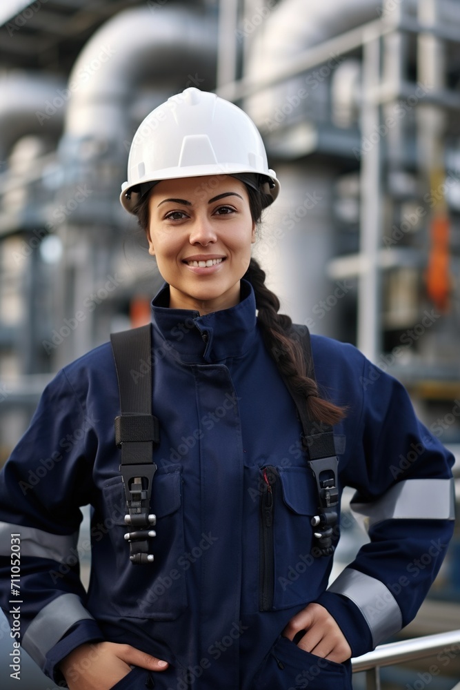 Portrait of a female engineer wearing a hard hat and safety gear at an industrial facility Portrait of a female engineer wearing a hard hat and safety gear at an industrial facility