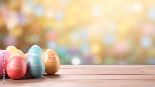 Easter eggs painted of pastel colors on wooden empty tabletop and sunny nature background