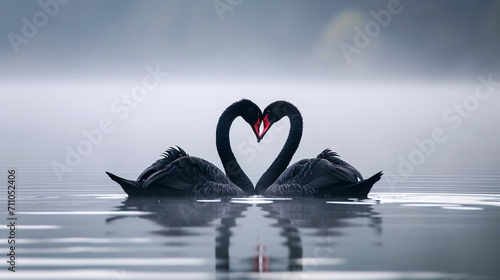 Two black swans kissing and making the shape of a heart, on a lake photo