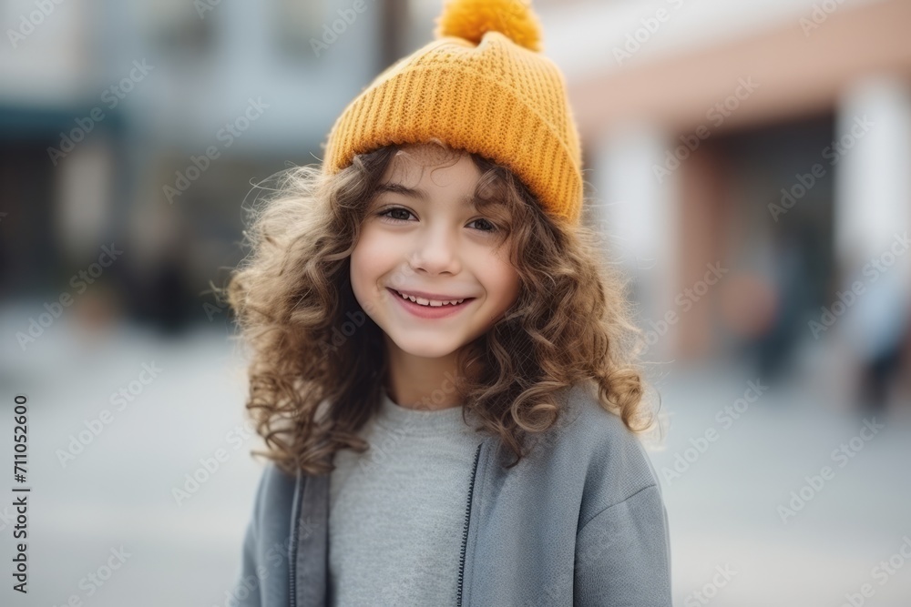 Portrait of a cute little girl in a yellow hat on the street Portrait of a cute little girl in a yellow hat on the street